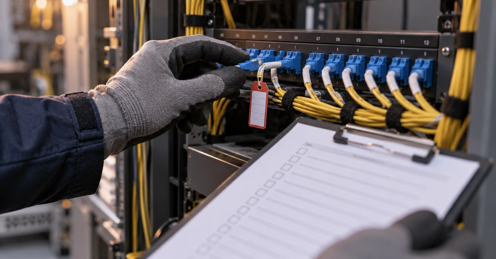 AI-generated conceptual illustration: checking maintenance tags and a checklist before changing a network connection. Not a Toyota Finance, Toyota Systems or Kyndryl site or product screenshot.