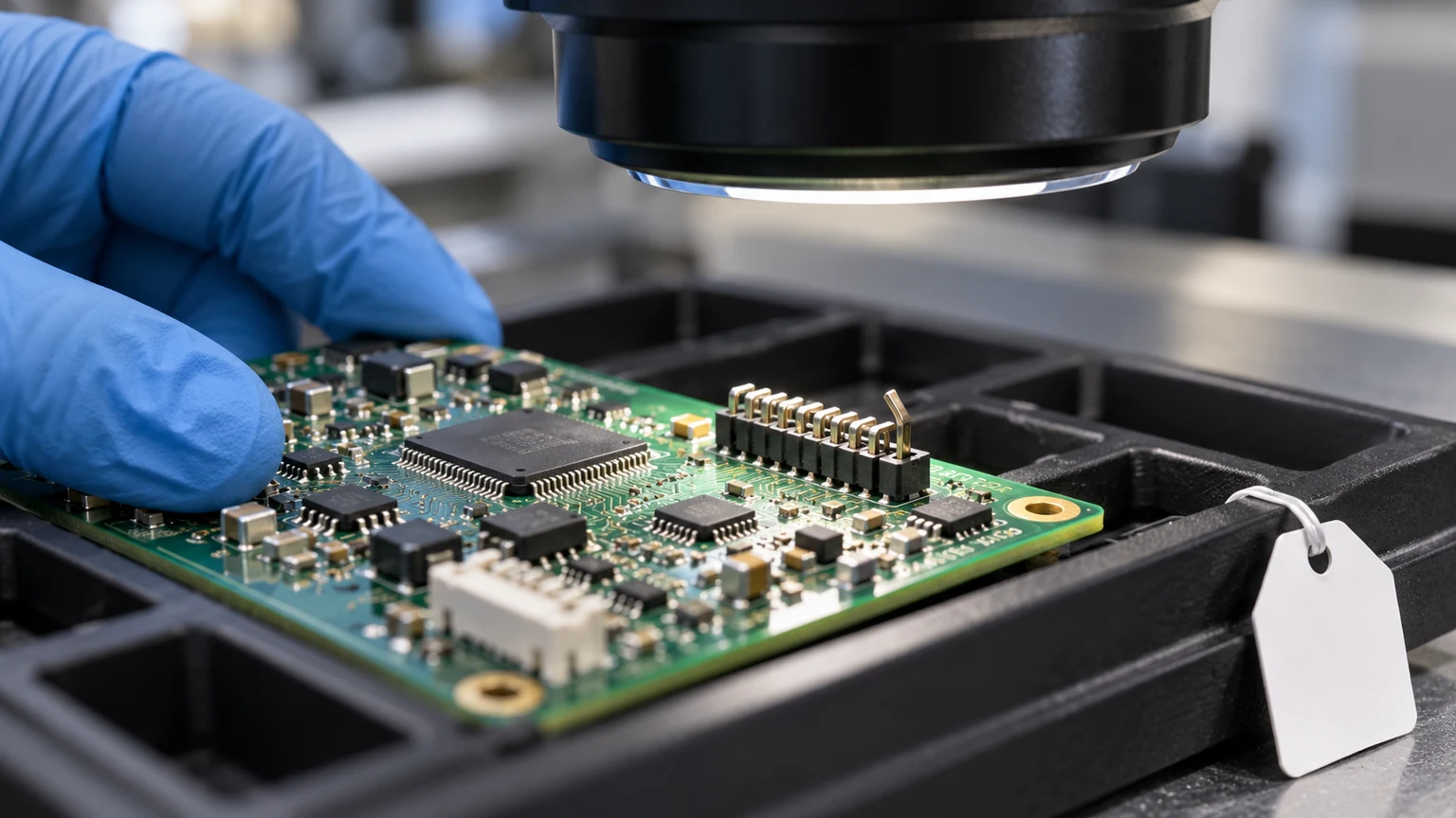 AI-generated thematic illustration: a circuit board’s connector pins at an optical inspection station. Not a Liquid AI screenshot, model test result or customer-site photograph.
