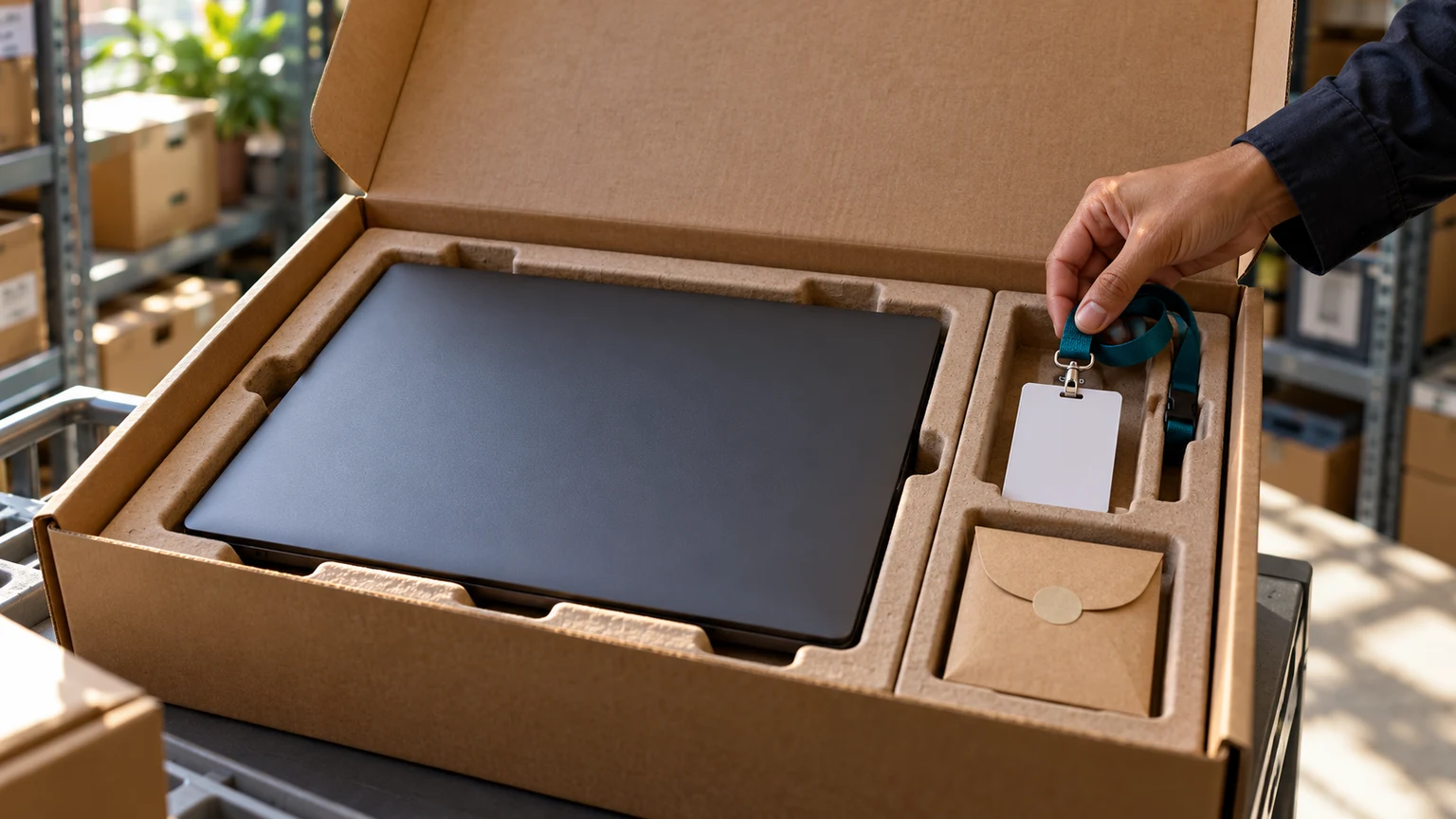 AI-generated thematic illustration: a laptop, blank access badge and security-key envelope in an onboarding handover kit. Not a Workday screenshot, official photograph or Mokyun customer project.
