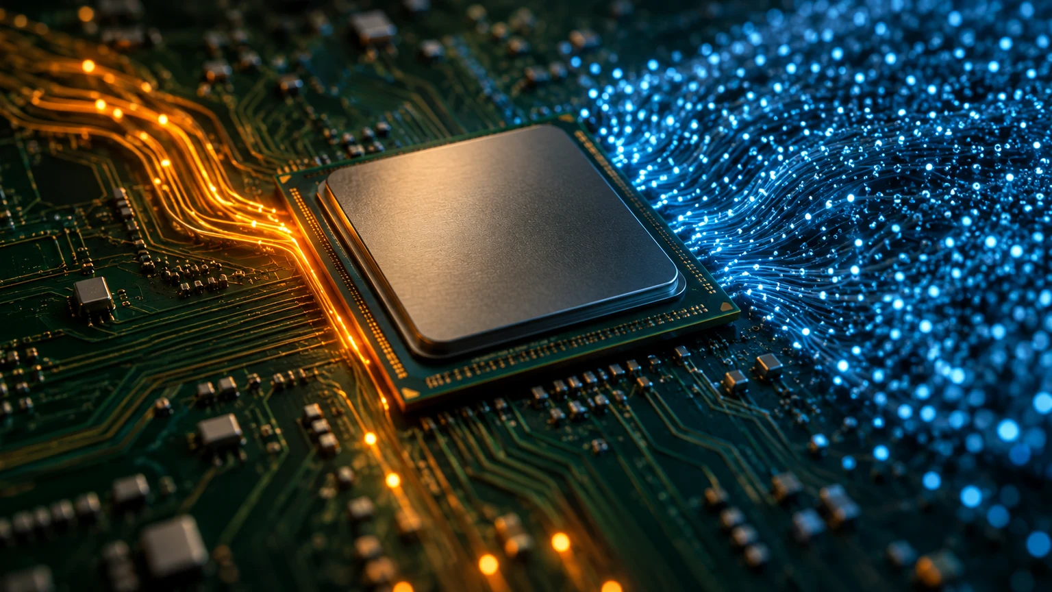 AI 生成主题示意:少量实时请求与密集批量负载共享计算资源。非 llm-d 实际硬件照片或性能可视化。