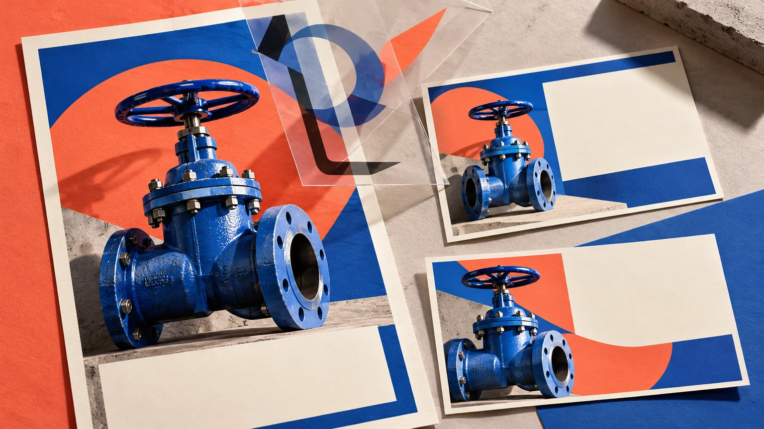 AI-generated conceptual illustration of equipment exhibition poster proofs and separate design elements. Not a Canva interface, an actual Craft output or a customer project.